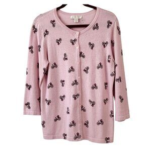 Christopher & Banks Bicycles & Flowers Graphic Pink Cardigan 3/4 Sleeves Small